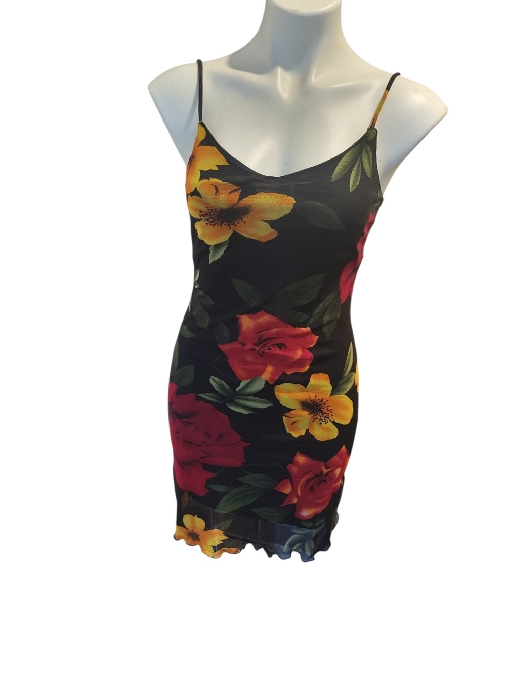 Black Floral Slip Dress with Red & Yellow Blooms